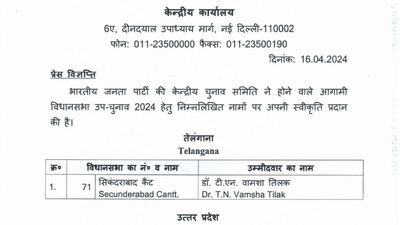 T.N. Vamshi Tilak is BJP’s candidate for Secunderabad Cantonment assembly by poll